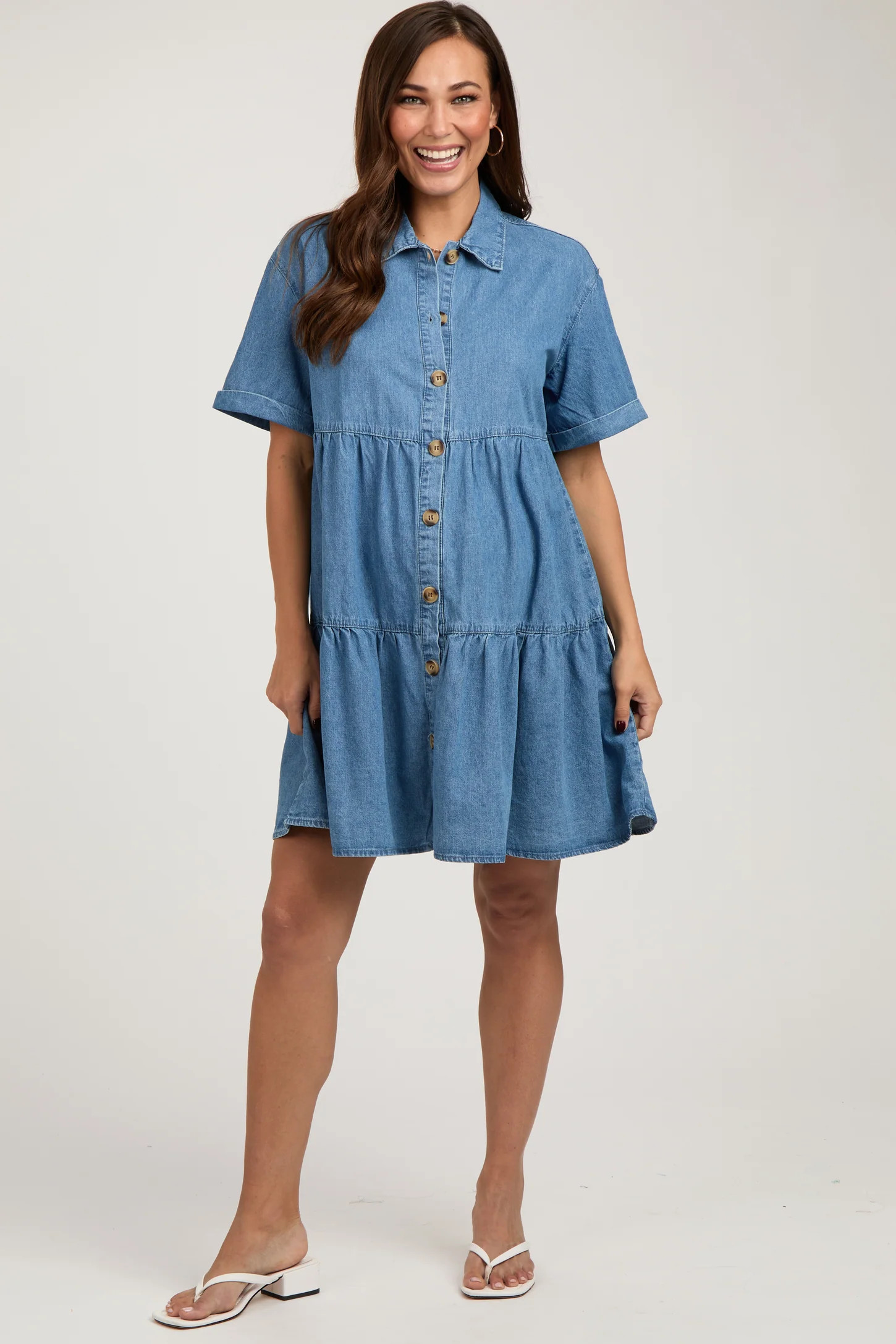 Blue Denim Button Down Tiered Maternity Dress | PinkBlush Maternity