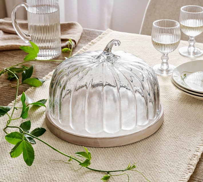 Glass Pumpkin Cloche with Wood Pedestal | Pottery Barn CA