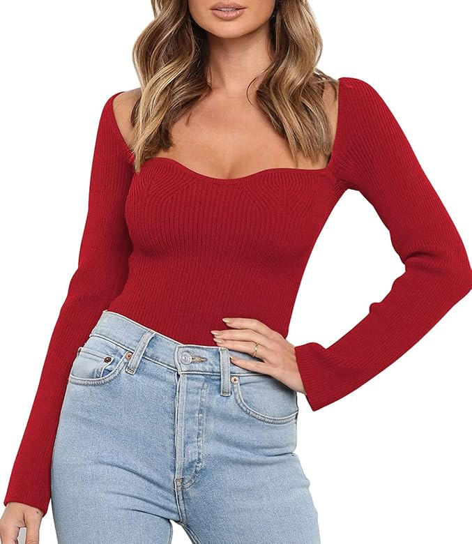 LILLUSORY Women's Sweetheart Neckline Sweater 2023 Fall Ribbed Knit Slim Fit Pullover Tops | Amazon (US)