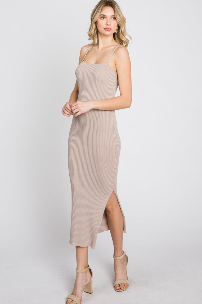 Taupe Ribbed Square Neck Side Slit Midi Dress | PinkBlush Maternity