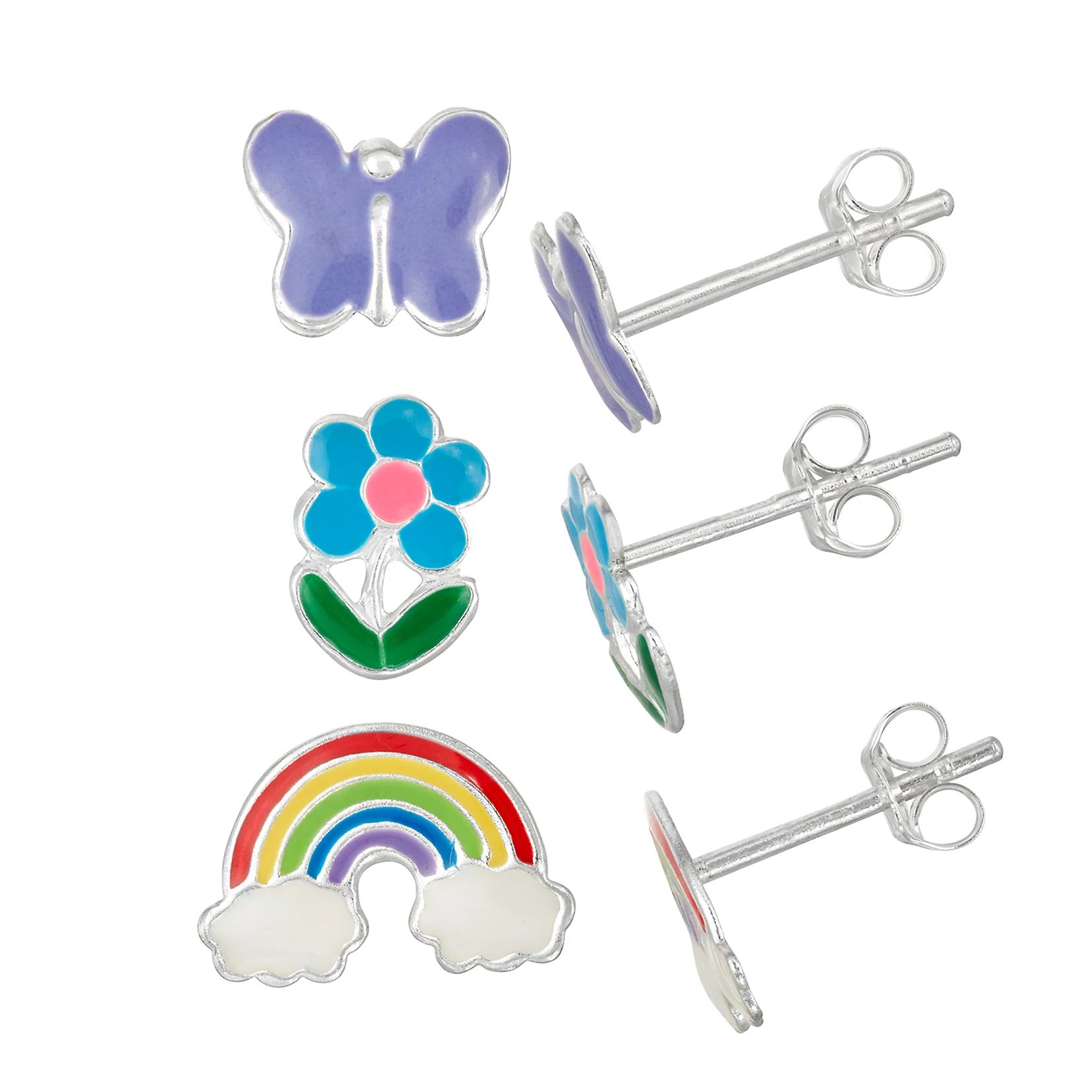 Charming Girl Kids' Sterling Silver Enamel Butterfly, Flower & Rainbow Stud Earring Set | Kohl's