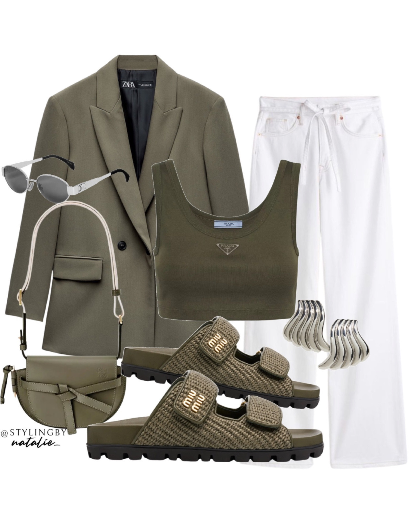 White soft high waist jeans with denim belt, Prada bralette/crop top in khaki, Miu Miu sandals, Loewe gate bag, silver swirly earrings, celine sunglasses & khaki blazer. Spring summer style, everyday look, casual outfit.

#LTKsummer #LTKuk #LTKspring