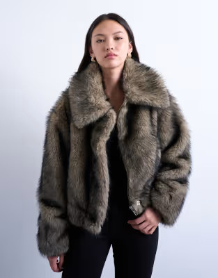 Topshop faux fur zip through bomber jacket in natural | ASOS | ASOS (Global)