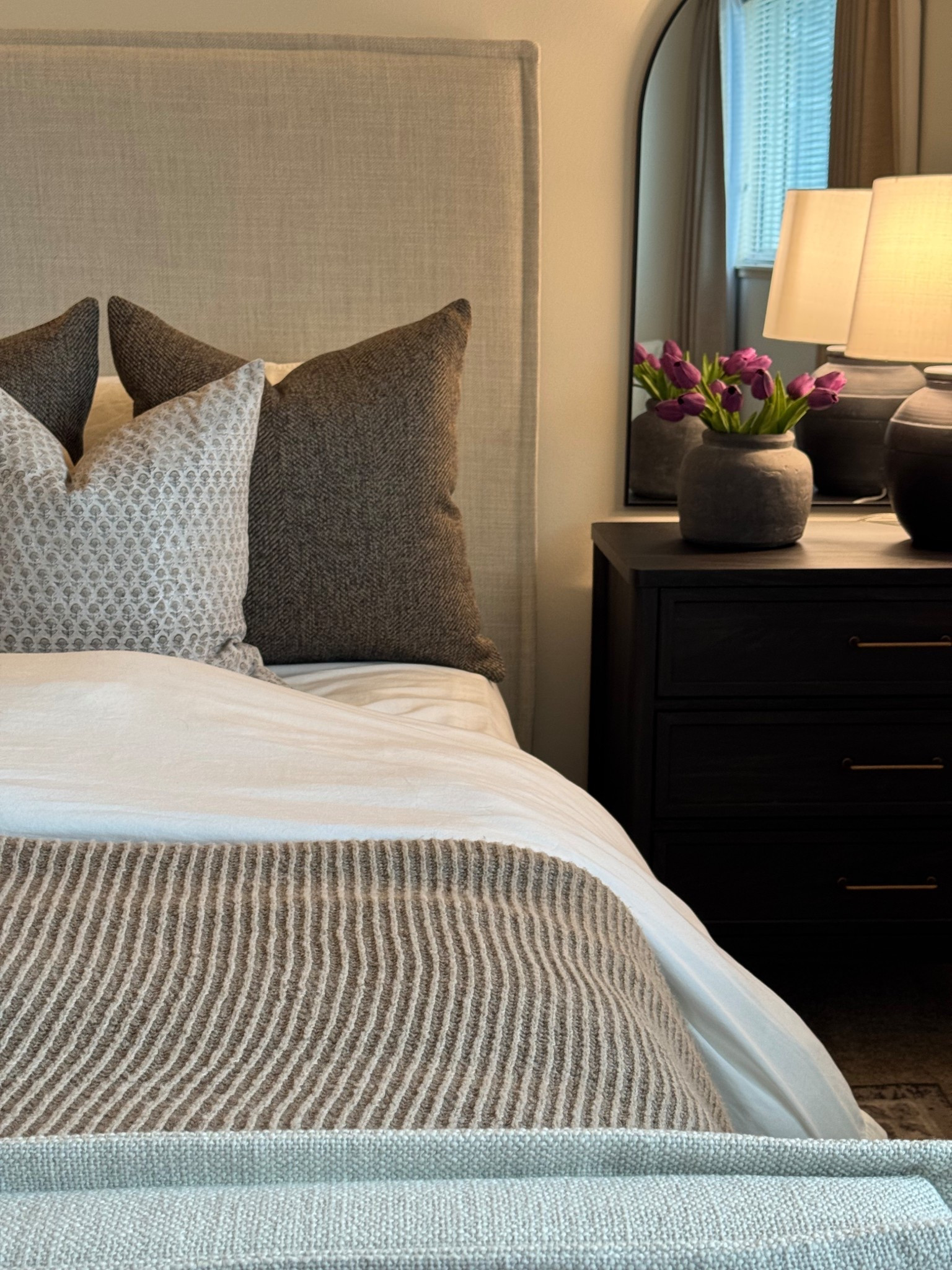 Spring tulips, purple tulips, black nightstand, cream duvet, brown throw blanket, tan throw blanket, ribbed blanket, floral pillow covers brow pillow covers 

#LTKHome #LTKSeasonal #LTKSaleAlert