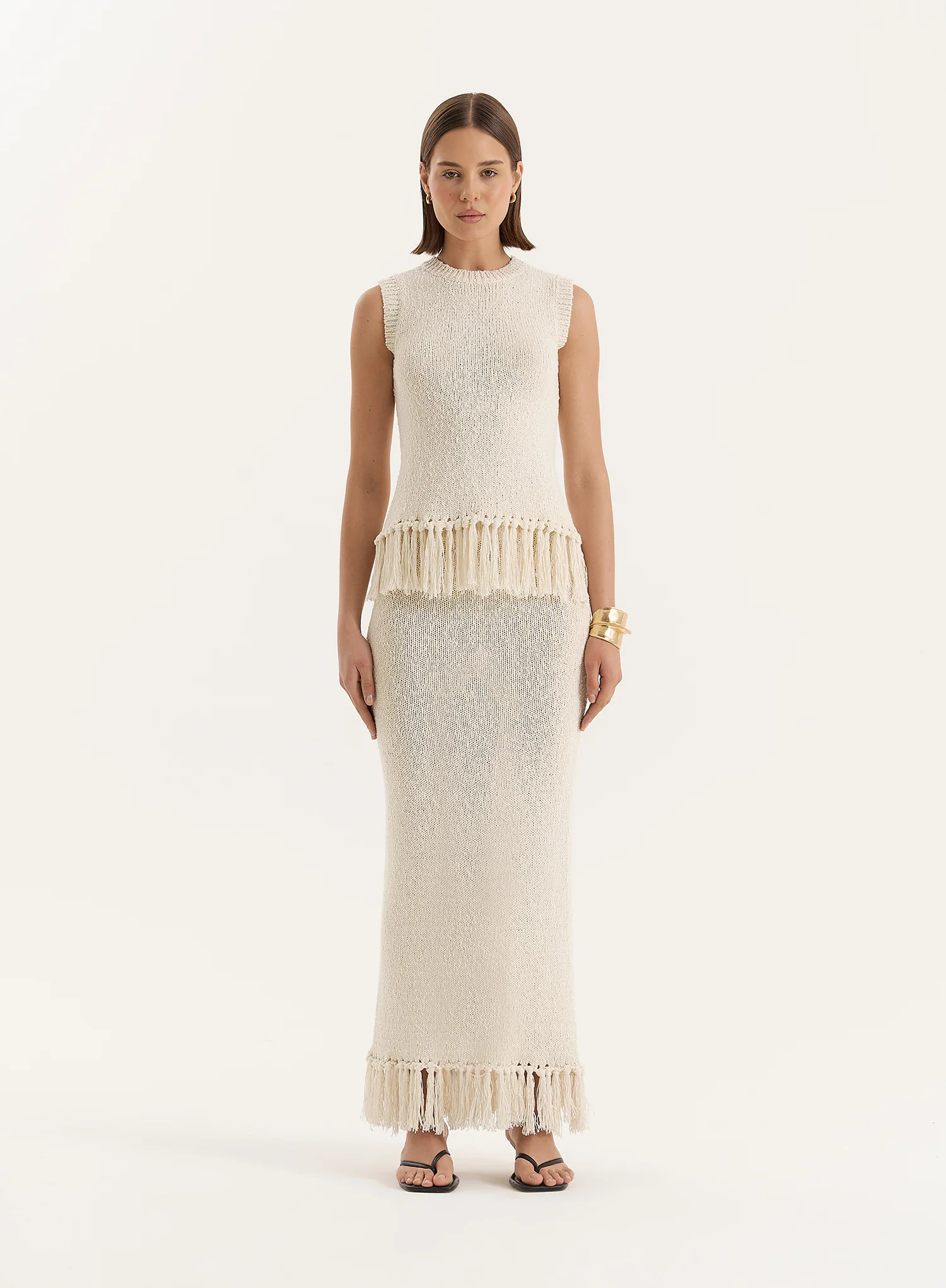 Beige Knitted Tassel Trim Maxi Skirt- Lauryn | 4th & Reckless