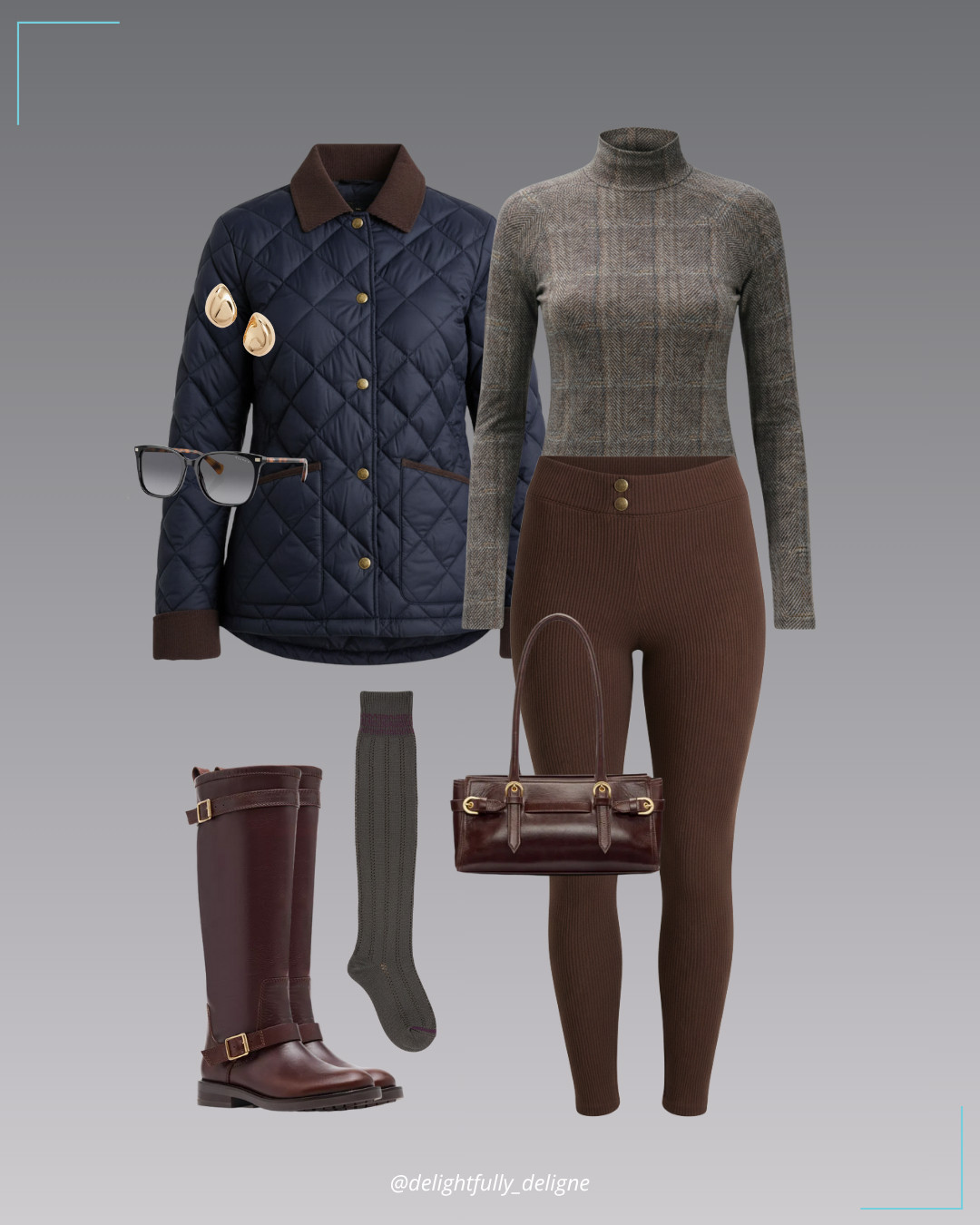 Equestrian Vibes 🤎  Shaw paneled long-sleeve turtleneck, corduroy-collar diamond quilted jacket, riding pants, knee-high riding boots, leather shoulder bag, teardrop stud earrings, polarized sunglasses & wool-blend over-the-knee warm socks. 

 #LTKOver40 #LTKStyleTip #LTKWorkwear