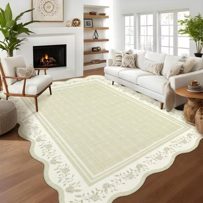 Large Area Rug Washable 10x13 Scalloped Floral Living Room Rug Soft Non Slip Low Pile Indoor Carpet Stain Resistant Modern Bordered Accent Carpet | Target