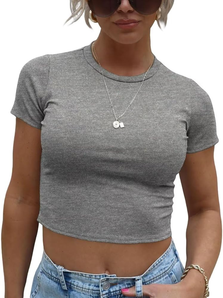 BONITEE Womens Short Sleeve Crop Tops Summer Tight Shirts Round Neck Ribbed Fitted Cropped Tee Sh... | Amazon (US)
