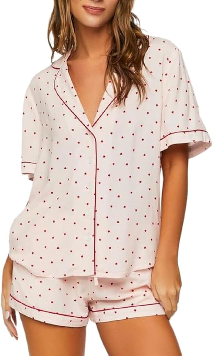 Seyurigaoka Womens Heart Print Pajamas Shorts Set Short Sleeve Sleepwear Loungewear Button-Down 2... | Amazon (US)