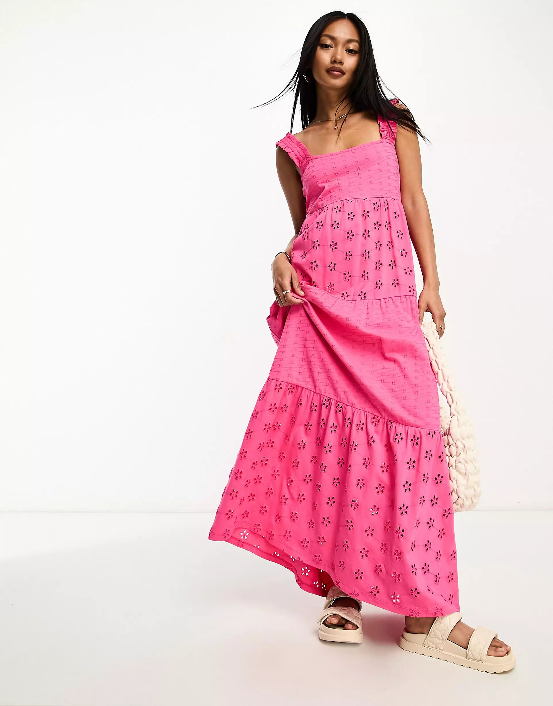 ASOS DESIGN square neck eyelet tiered maxi dress in hot pink | ASOS (Global)