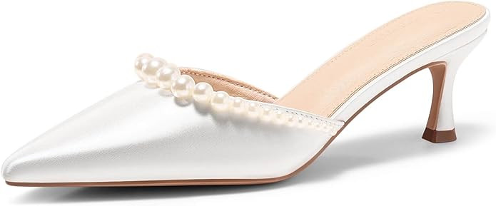 Coutgo Womens Pearl Kitten Heels Closed Pointed Toe Wedding Bride Dress Shoes Ankle Strap Satin P... | Amazon (US)