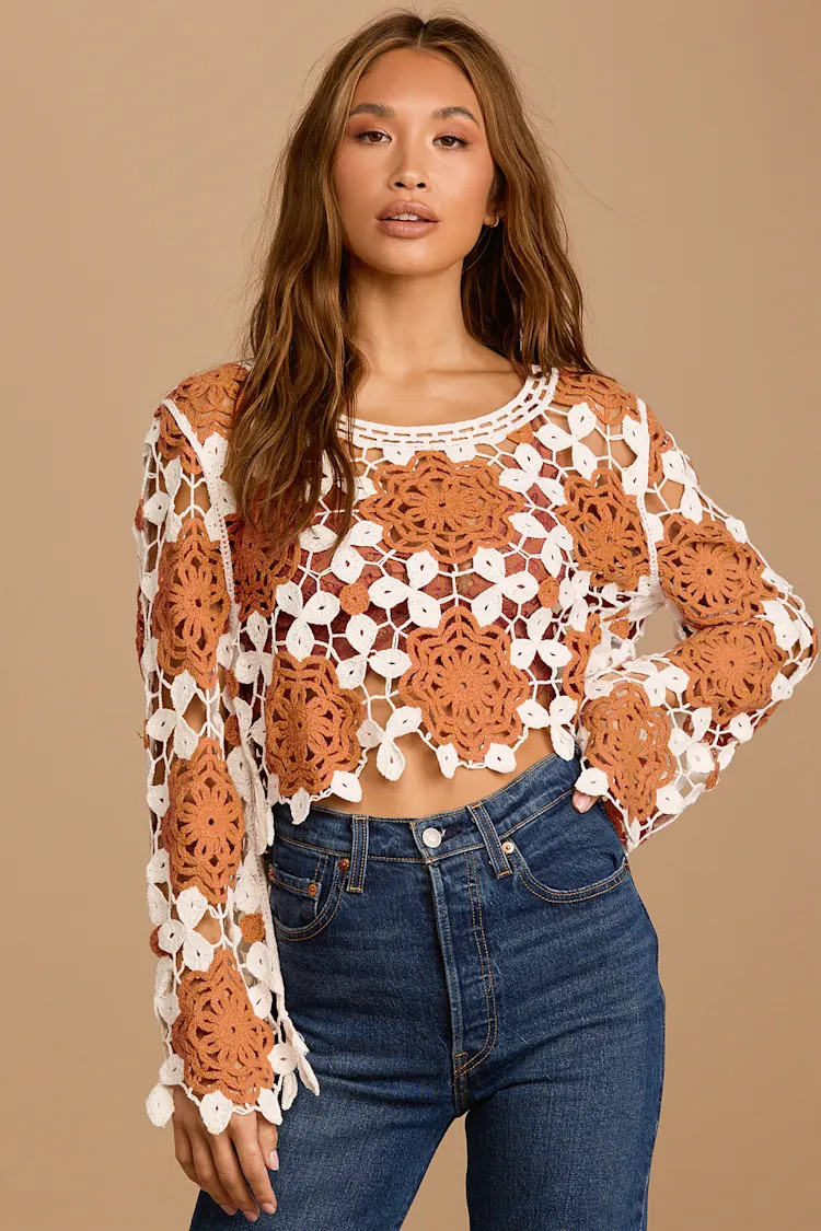 Follow You There Rust Multi Long Sleeve Sheer Crochet Top | Lulus (US)