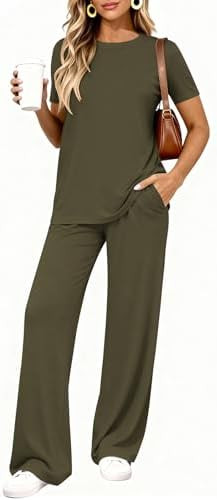 PRETTYGARDEN Spring Lounge Sets for Women 2 Piece Short Sleeve Crewneck Cute Tops and Wide Leg Pa... | Amazon (US)