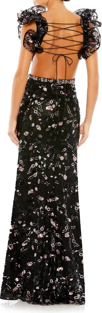 Sequin Ruffle Shoulder Lace-Up Back Sheath Gown | Nordstrom