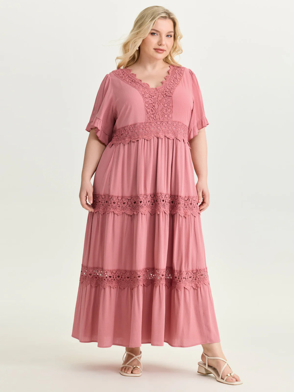 Lace Trim V-Neckline Tiered Maxi Dress | Bloomchic