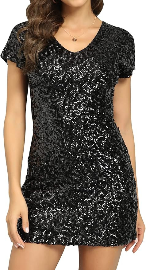 PrettyGuide Women's Sexy Deep V Neck Sequin Glitter Bodycon Stretchy Mini Party Dress | Amazon (US)