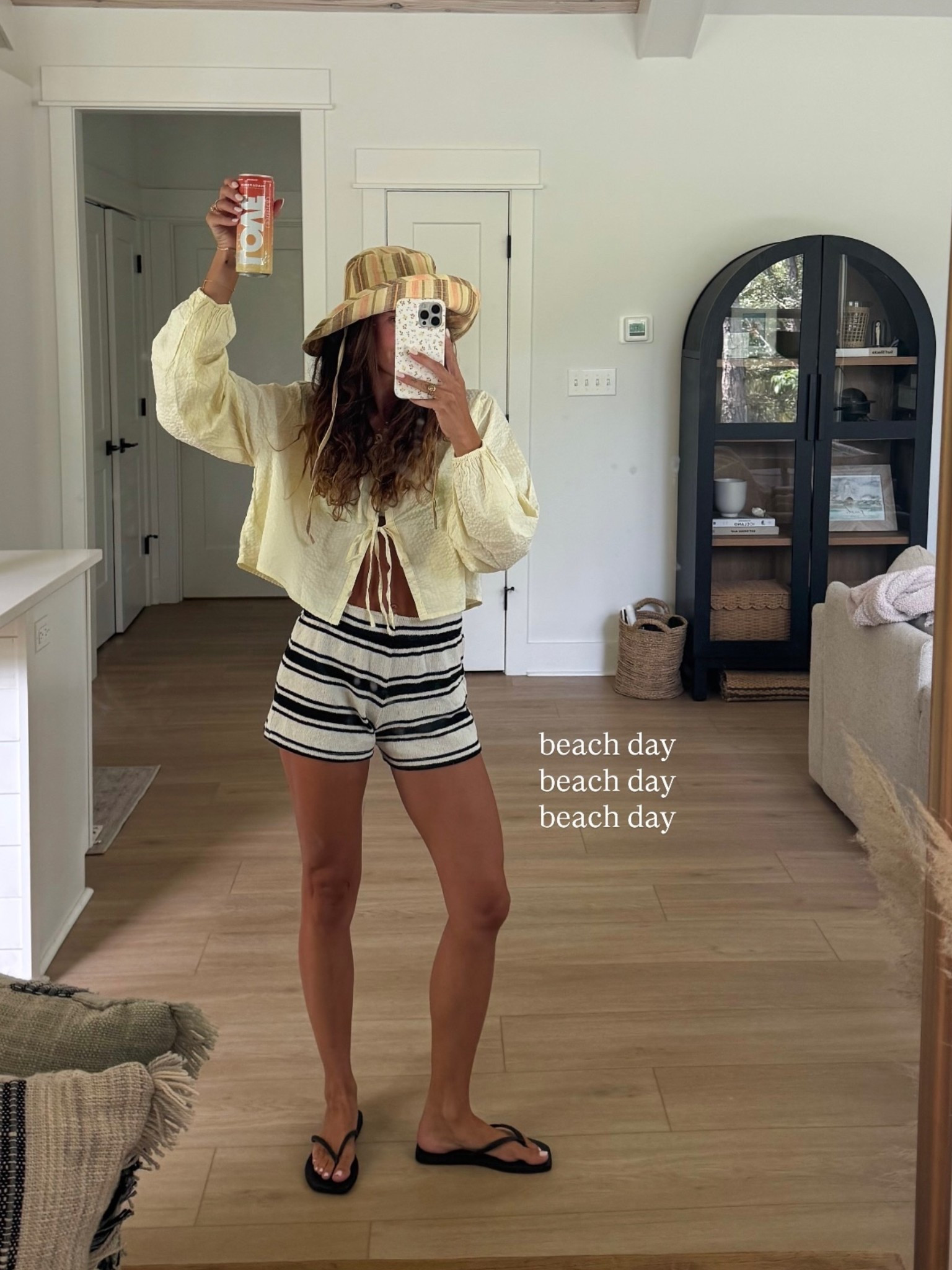 beach day outfit inspo💛 linen blouse in butter yellow, knit stripe cover up shorts, square toe flip flops, oversized bucket hat

#LTKootd #LTKSwim #LTKTravel