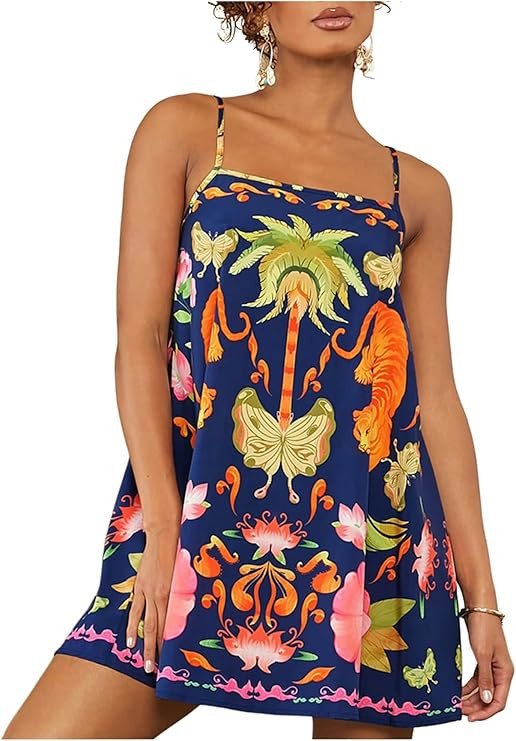 Floerns Women's Tropical Sleeveless Cami Dress Loose Holiday A Line Mini Dresses Dark Blue Medium... | Amazon (US)
