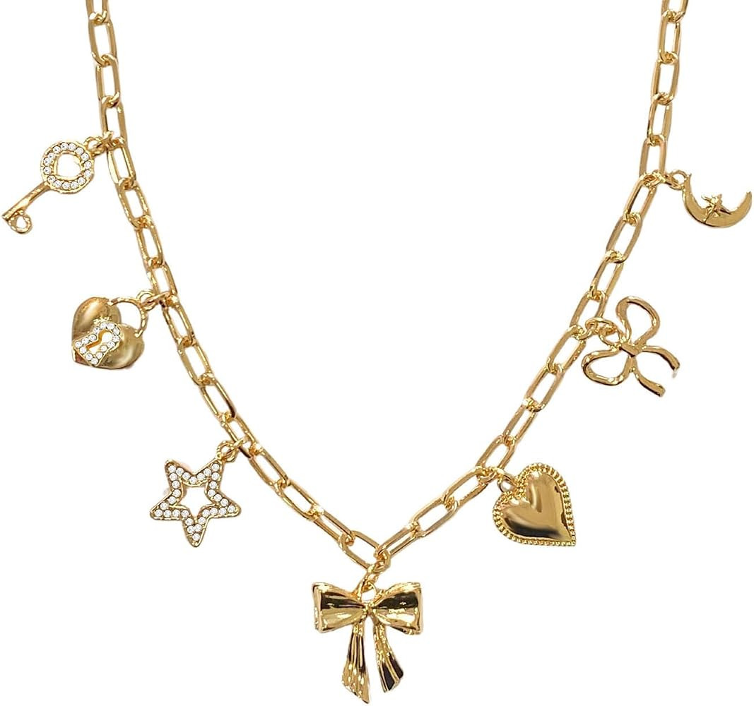 Gold Charm Necklaces for Women, 18K Gold Plated Bow Pendant Necklace Gold Heart Chain Aesthetic S... | Amazon (US)