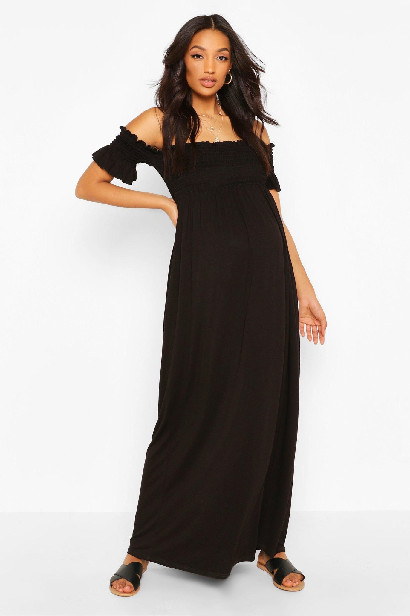Womens Maternity Off The Shoulder Shirred Maxi Dress - Black - 4 | Boohoo.com (US & CA)