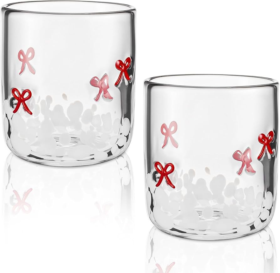 Skylety 2 Pack Christmas Icon Glass Cups 14 oz Bow Icon Juice Glass Es Handblown Glasses Coquette... | Amazon (US)