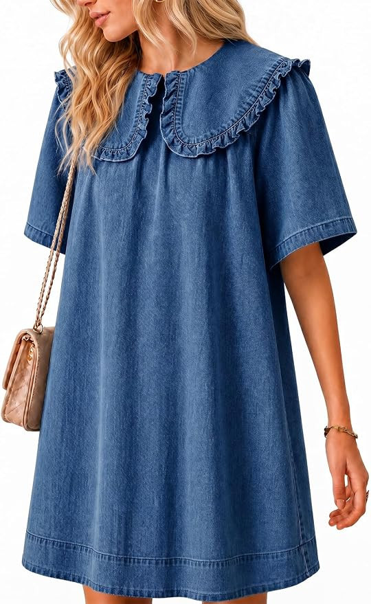 Wenrine Women's Summer Denim Mini Dress | Oversized, Peter Pan Collar, Short Sleeve, Casual Flowy... | Amazon (US)