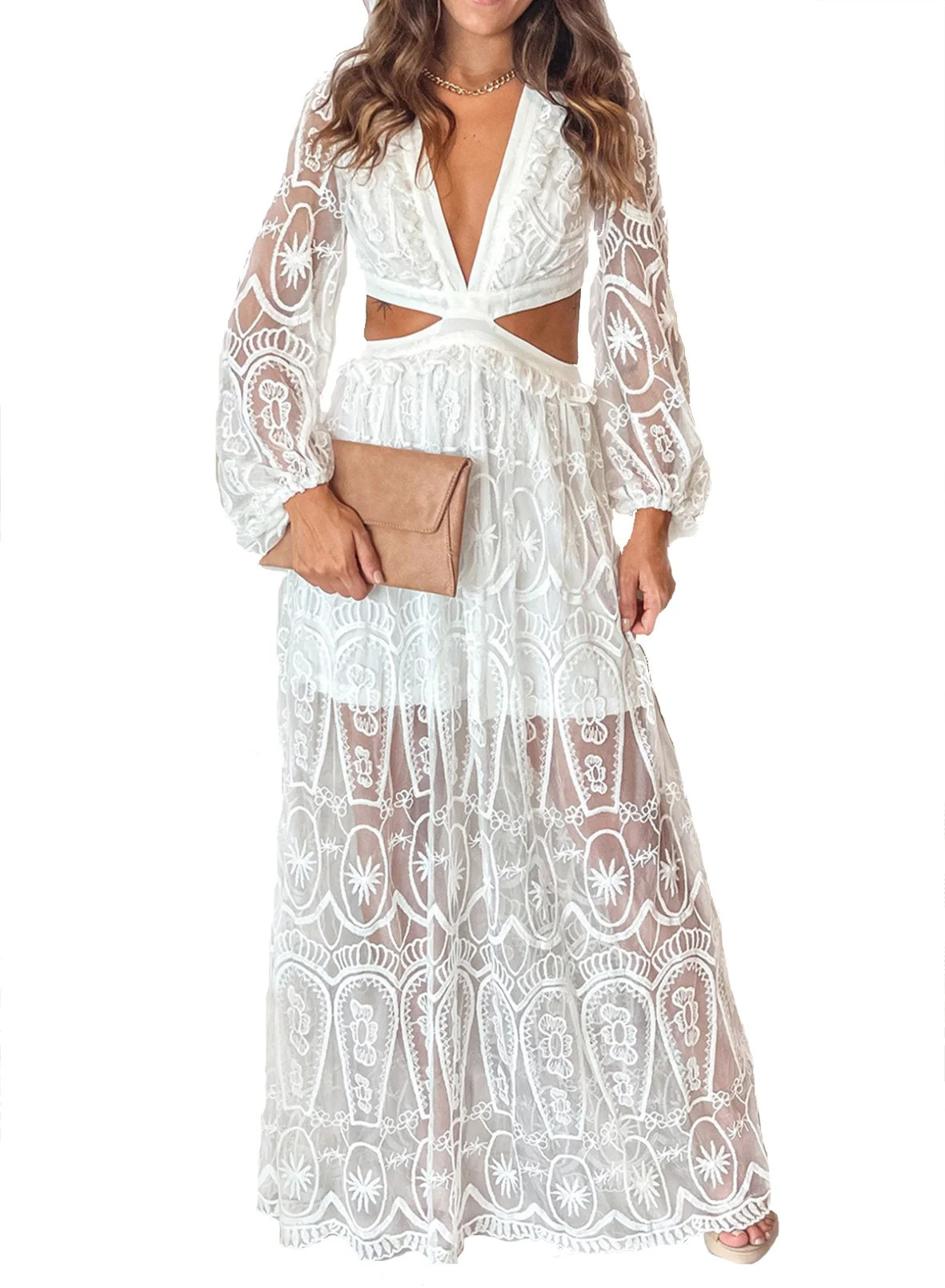 Rosfancy Women Deep V Neck Lace-up Backless Maxi Dress Elastic Cut Out Waist Long Bubble Sleeve P... | Walmart (US)