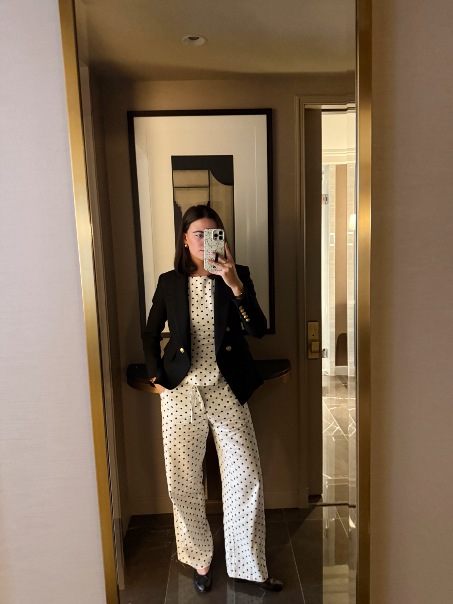 Spring polka dot set from Nordstrom! I wore this traveling to NYC! I paired my black Veronica beard blazer and a simple ballet flat with the look! Also comes with shorts so it’s three looks in one! 