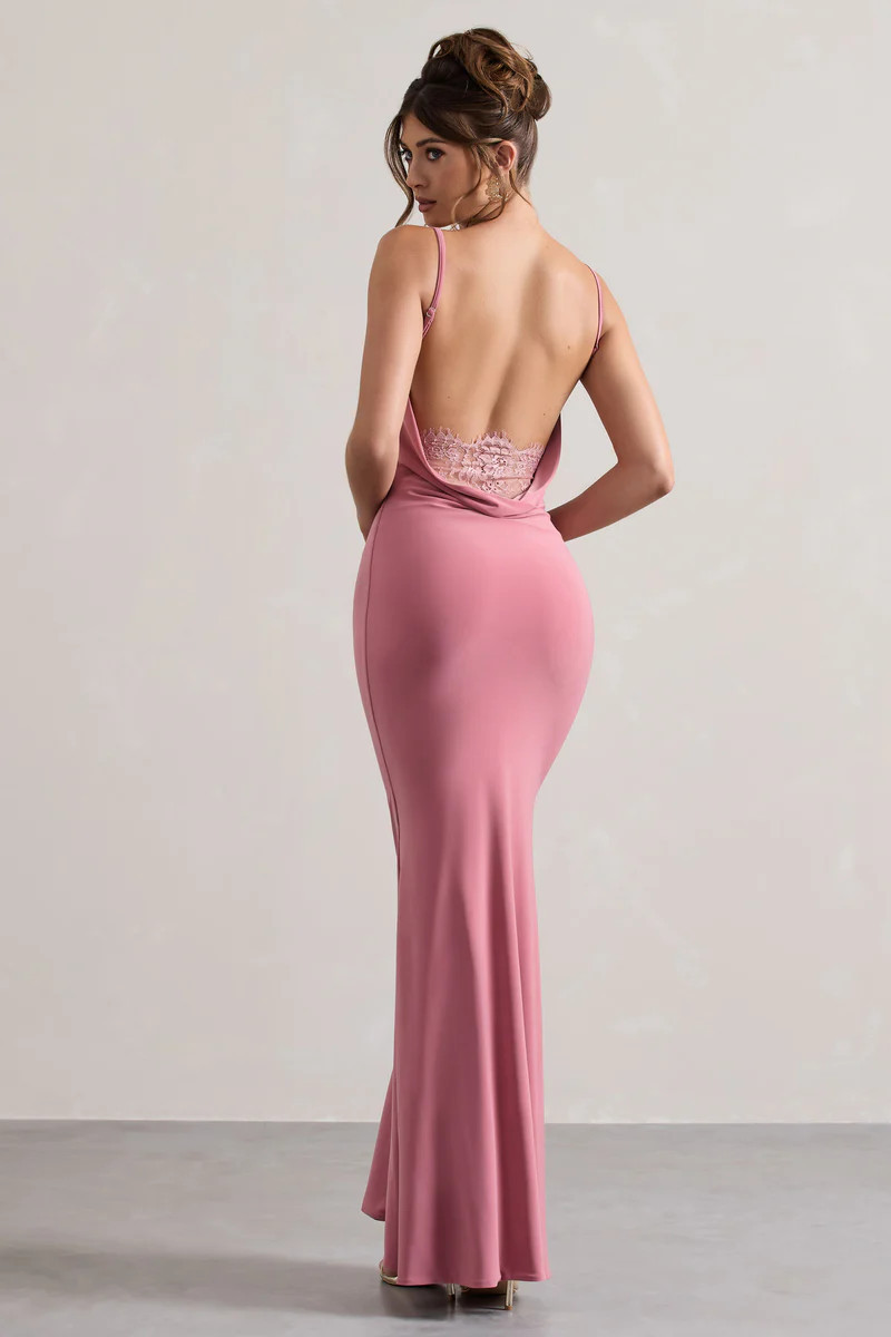 Francoise | Blush Cowl Neck Backless Maxi Dress With Lace Insert | Club L London