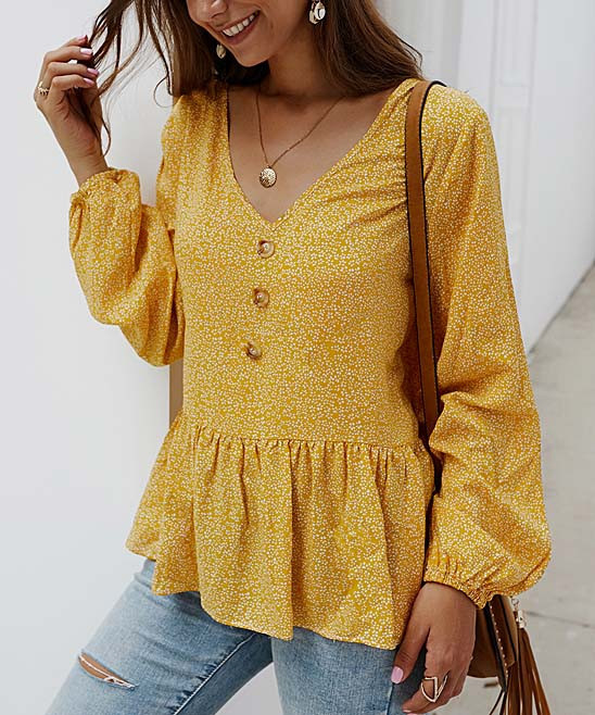 Sucrefas Women's Blouses Yellow - Yellow Floral Button-Front Peplum Top - Women | Zulily