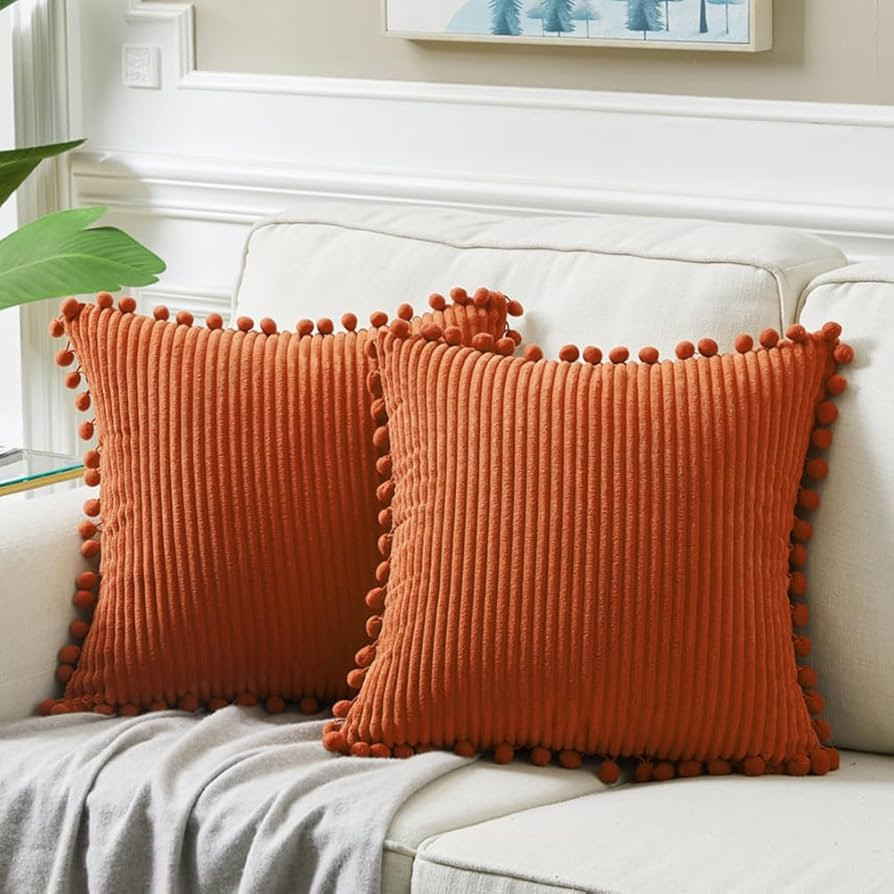 Fancy Homi Pack of 2 Burnt Orange Decorative Throw Pillow Covers 18x18 Inch with Pom-poms for Cou... | Amazon (US)