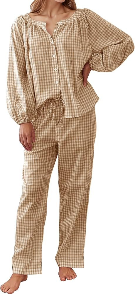 Flygo Womens Gingham Pajama Set 2 Piece Cotton Plaid Raglan Sleeve Button Top Straight Leg Pants ... | Amazon (US)