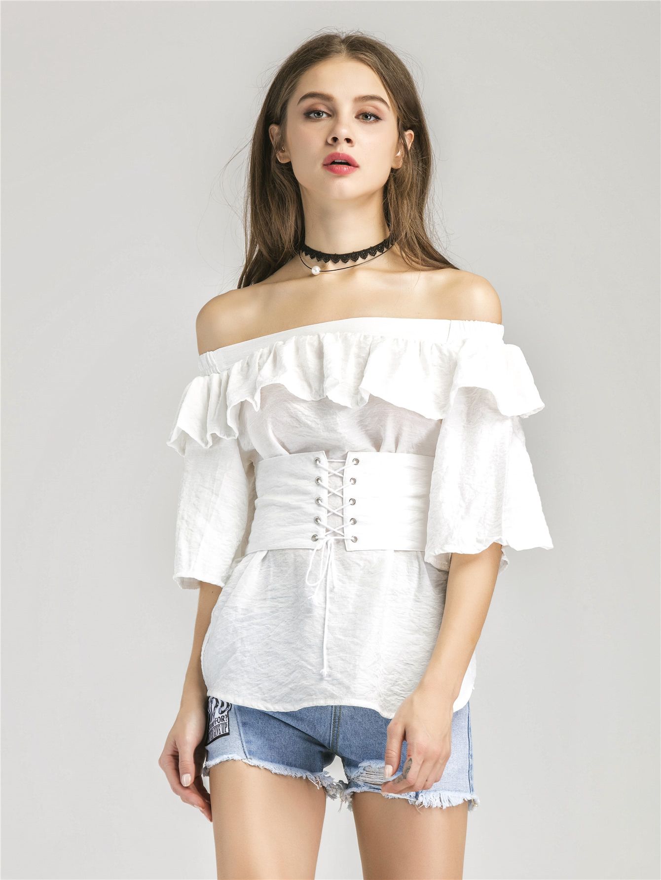 Flounce Layered Neckline Lace Up Corset Belt Top | SHEIN