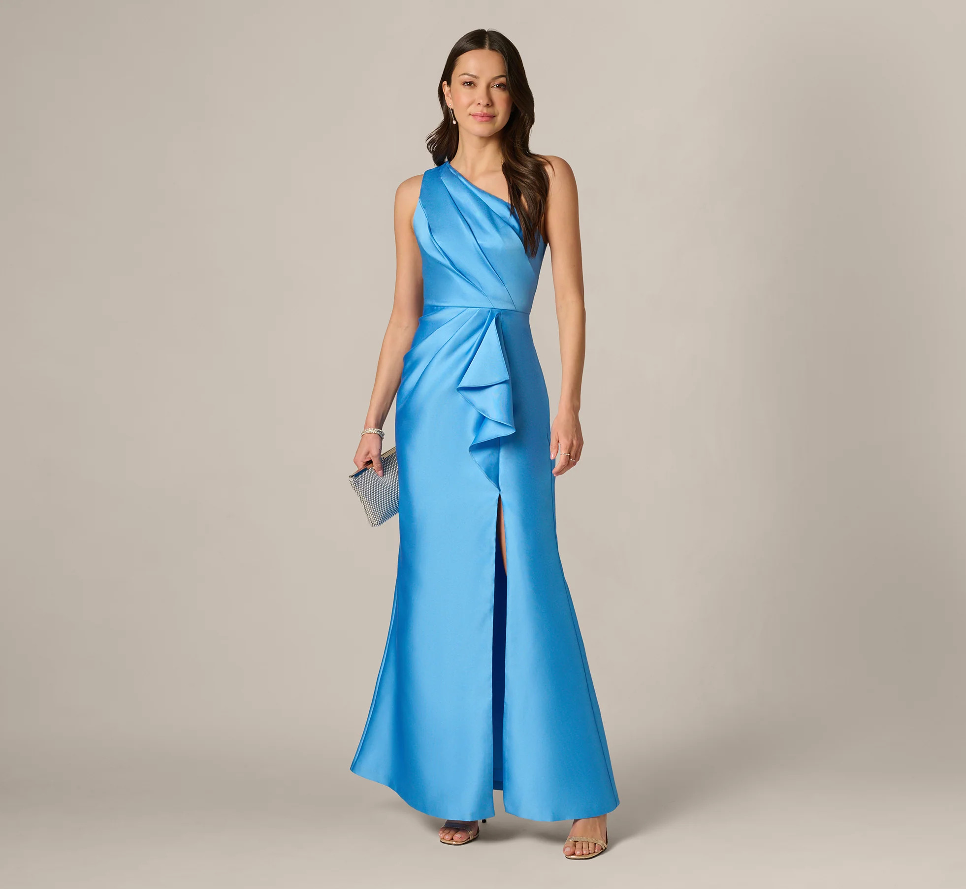 One Shoulder Draped Mikado Gown In Cool Cloud | Adrianna Papell