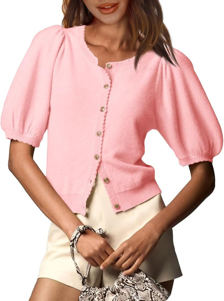 Saodimallsu Womens Puff Short Sleeve Cardigan Lightweight Summer Button Down Shirts Knit Crew Nec... | Amazon (US)