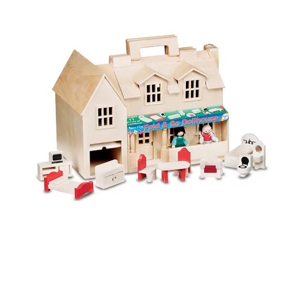 Melissa & Doug Fold & Go Wooden Dollhouse With 2 Play Figures and 11pc of Furniture | Target