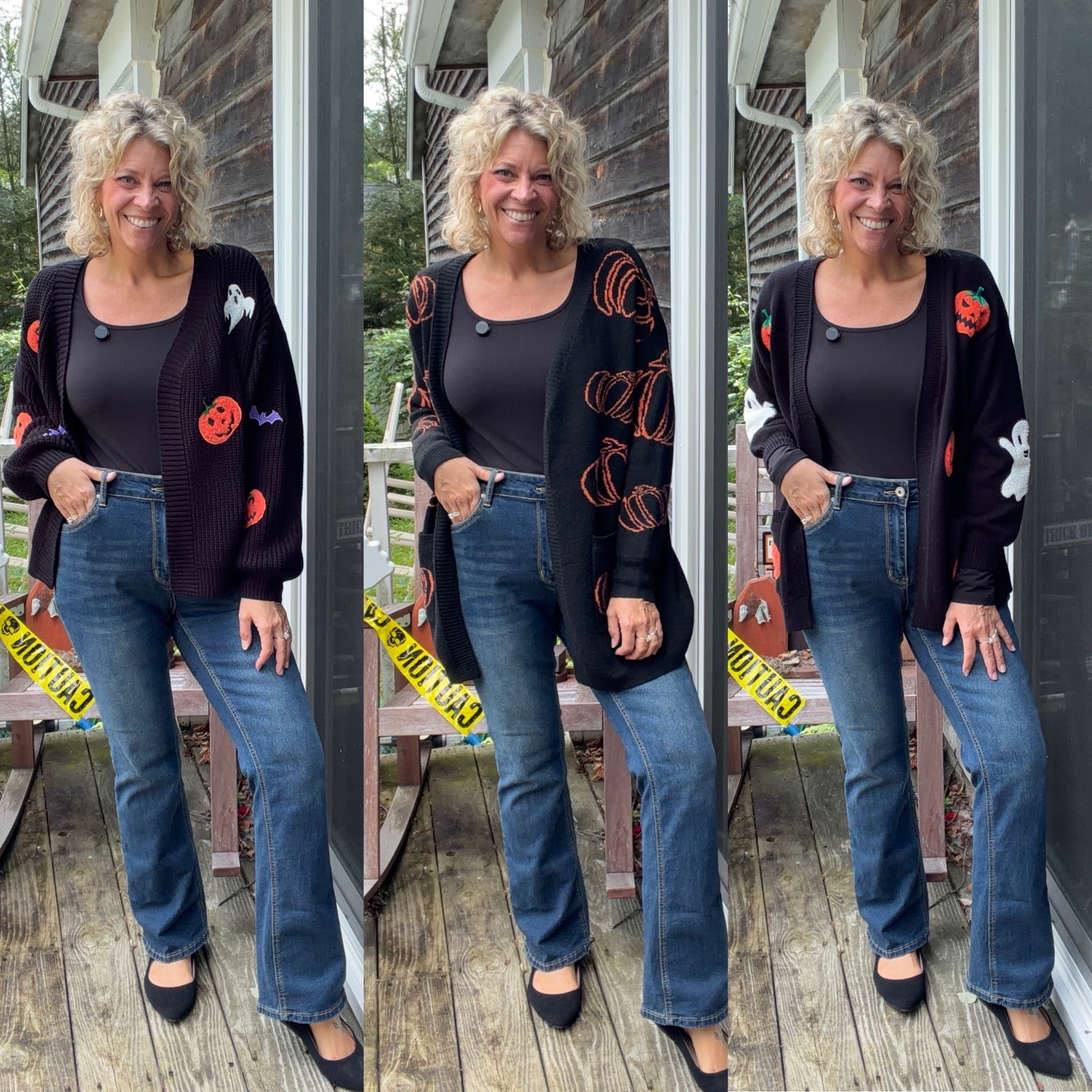 Halloween cardigans- size 10, super soft long sleeved tee size medium; jeans size 12.

#LTKSeasonal #LTKOver40 #LTKMidsize