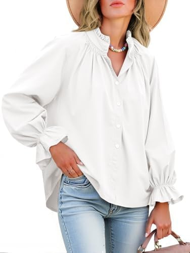 Tankaneo Womens Puff Long Sleeve Button Down Shirts Pleated V Neck Cotton Blouses Loose Fit Casua... | Amazon (US)
