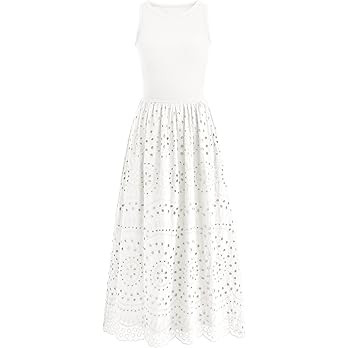 dowerme Women Summer Dresses 2026 Casual Sleeveless Crewneck A-Line Boho Lace Eyelet Cotton Tank ... | Amazon (US)