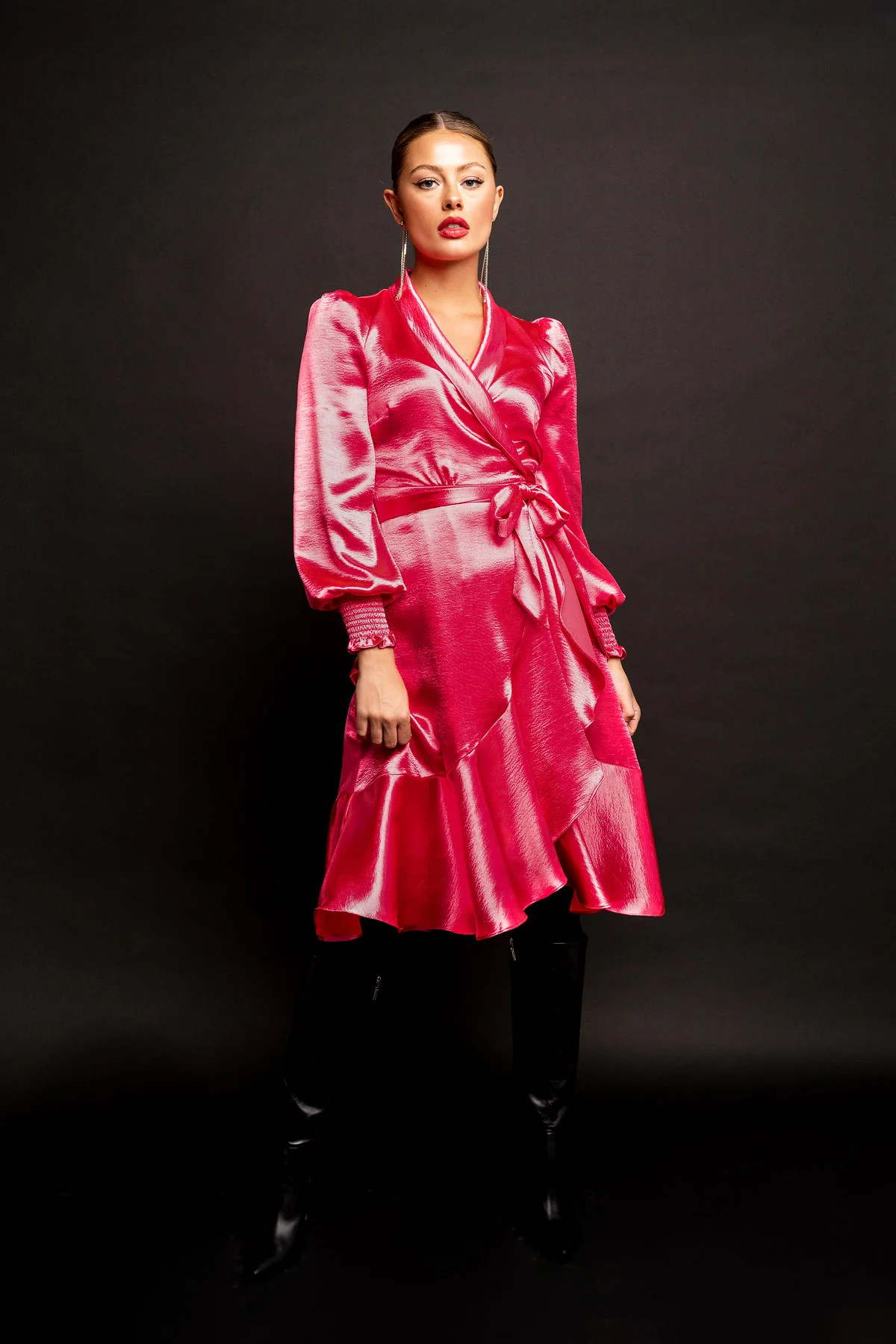 Long Sleeve Satin Wrap Dress - Pink Sapphire | Rachel Parcell