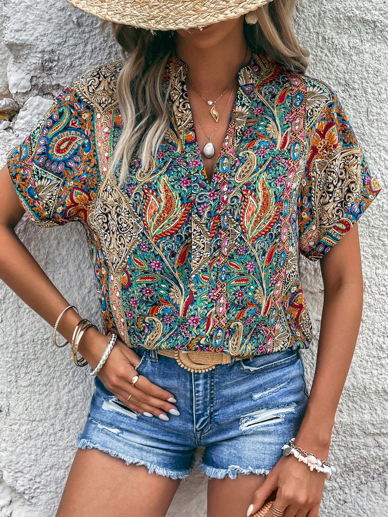 SHEIN LUNE Paisley Print Batwing Sleeve Blouse | SHEIN