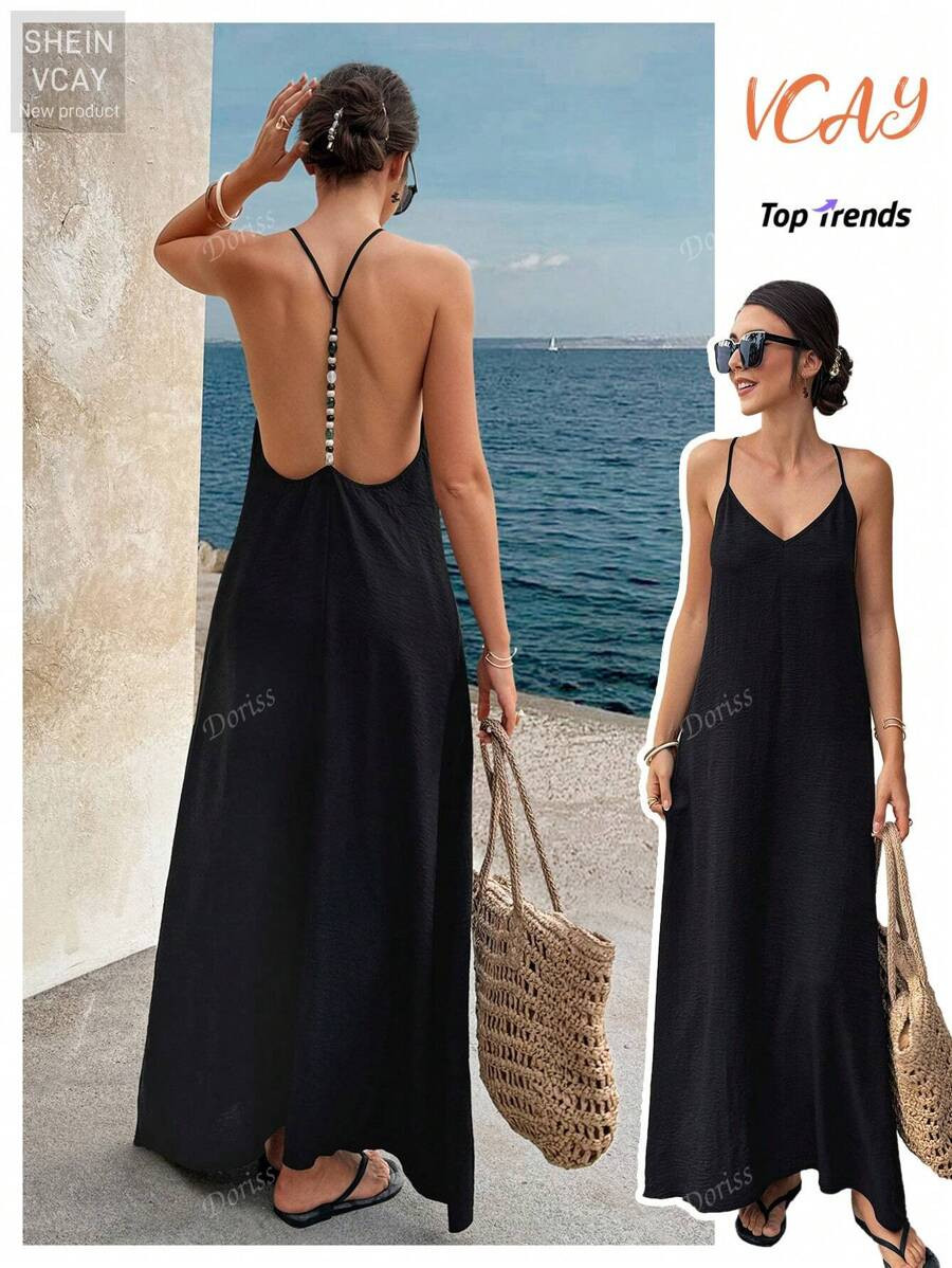 Women's Backless Beaded Strap Simple Casual Midi Spaghetti Strap Dress | SHEIN
