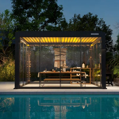 Flexpatio Power+ Pro Motorized Pergola Outdoor Louvered Pergola With 4-Side Sliding Glass Doors | Wayfair North America