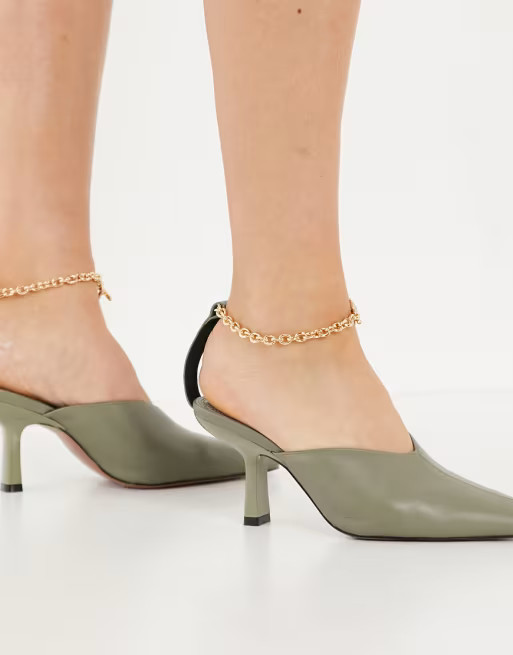 ASOS DESIGN Seren ankle chain detail mid heeled shoes in olive | ASOS (Global)