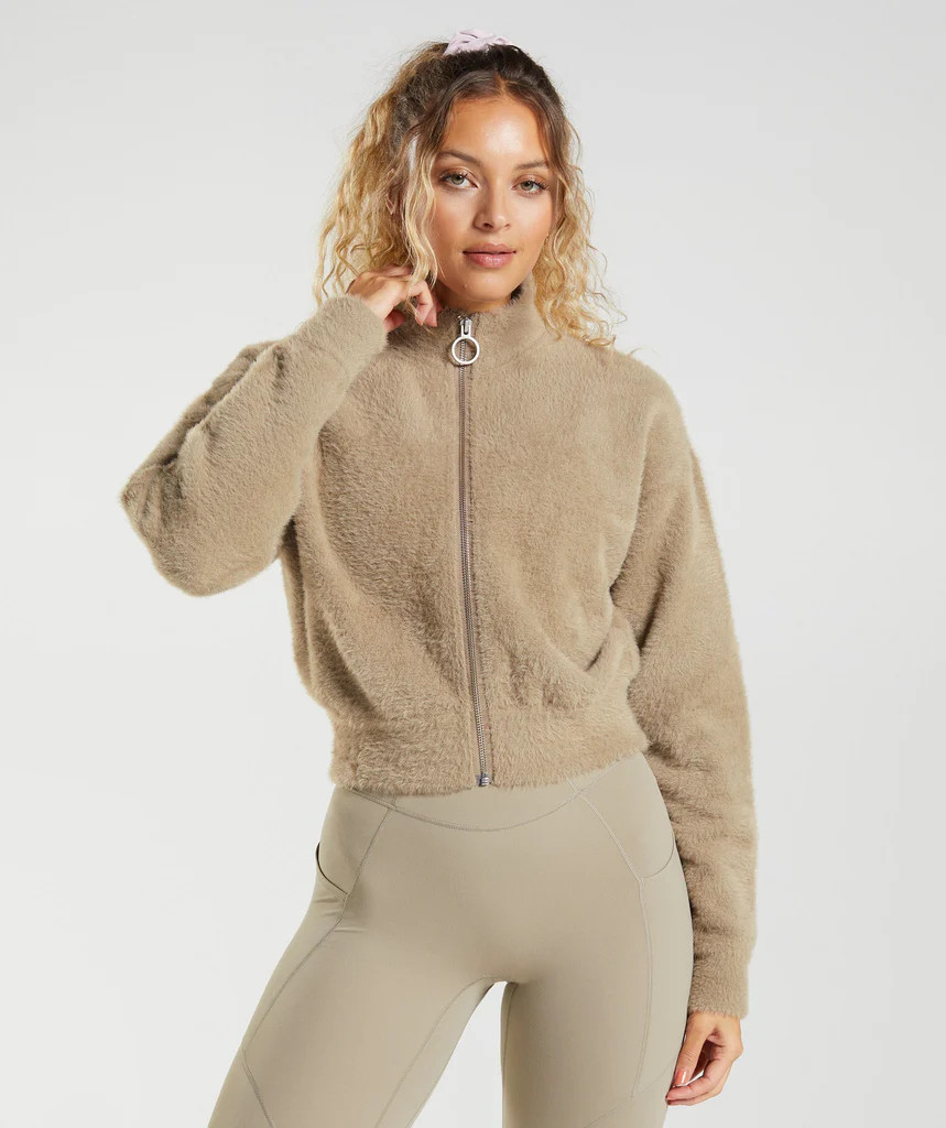 Gymshark Whitney Eyelash Knit Jacket - Cement Brown | Gymshark US