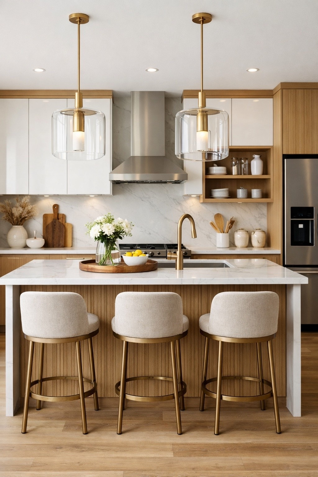 Bright modern kitchen featuring a spacious island with upholstered bar stools, elegant glass pendant lights and warm wood cabinetry. Neutral tones, natural textures and minimalist styling create a clean and sophisticated kitchen perfect for modern home inspiration and stylish everyday living.

#modernkitchen
#kitchenisland
#kitchendesign
#modernhome
#interiordesign
#kitcheninspo
#neutraldecor
#homedecor
#pinteresthome
#moderninterior
#minimalistkitchen
#luxurykitchen
#ltkhome
#homeinspiration
#kitchenstyle