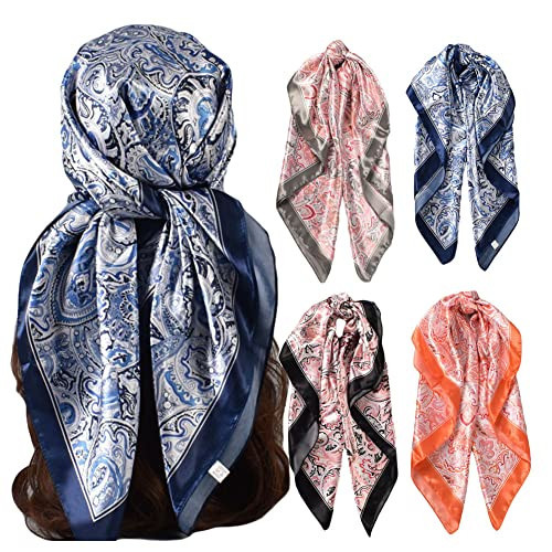 upeilxd 4Pcs Silk Head Scarves for Women Satin Hair Scarf 35”Large Square Bandana Silk Like Neck Scarf Shawl Sleeping Headscarf(Black/Gray/Orange/Navy) | Amazon (US)