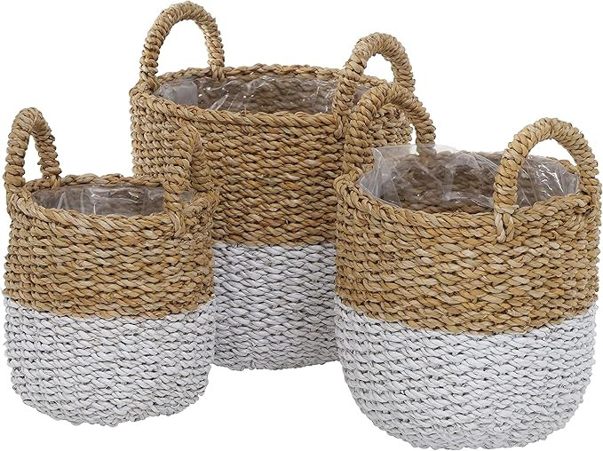 Plastic Lined Seagrass Baskets, Set of 3, Paint Dipped in Coastal White, Chunky Weave, Rustic, Na... | Amazon (US)