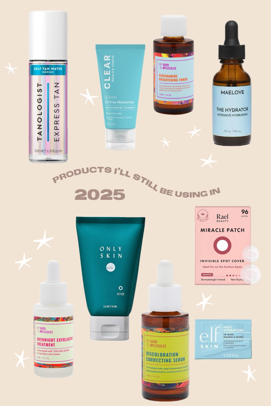 Skincare products I’ll be using still in 2025 ✨ Onlyskin + acne skincare + good molecules + self tanner + pimple patches + ulta + target + Sephora 

#LTKWatchNow #LTKStyleTip #LTKBeauty