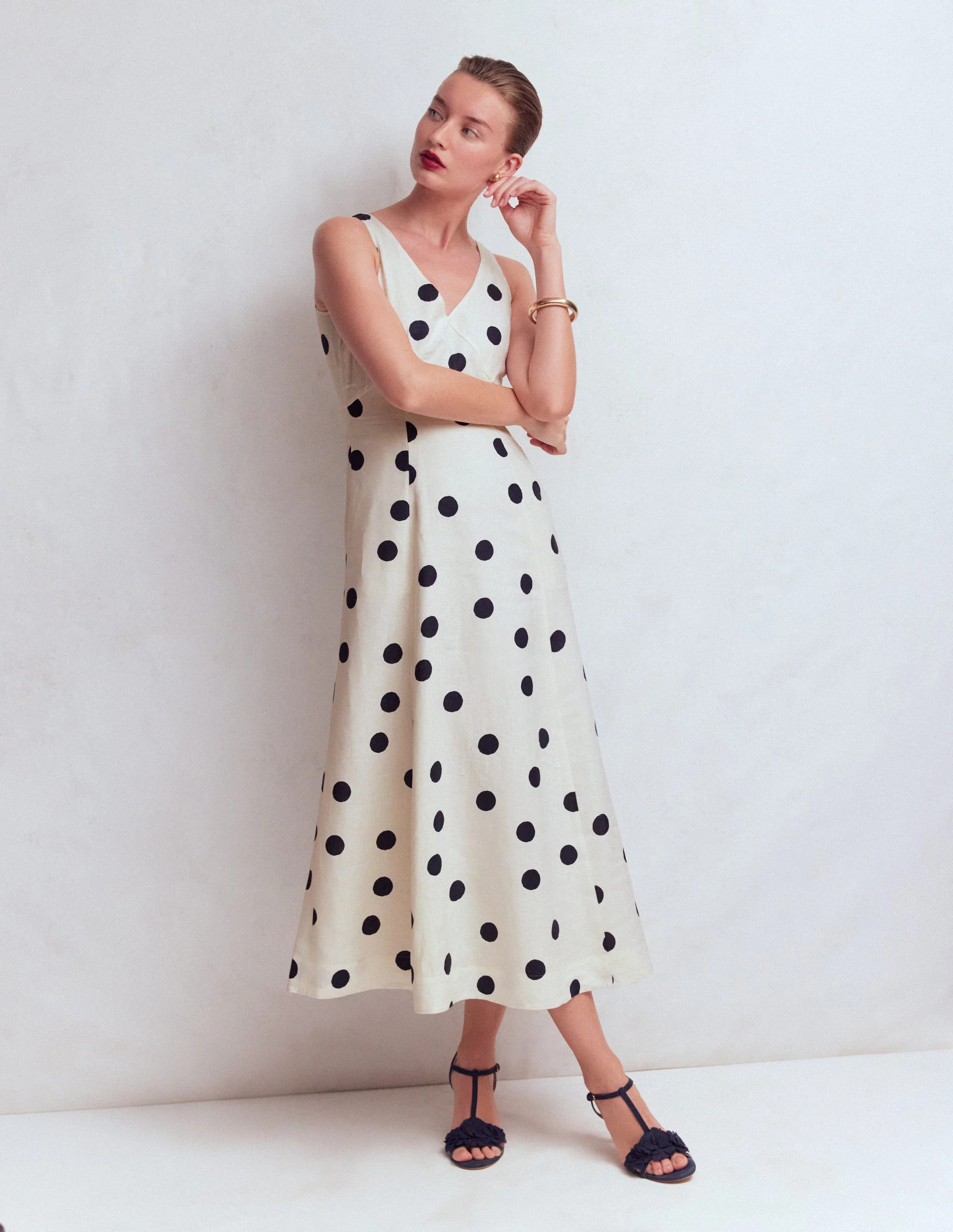 Bow Detail Linen Empire Dress-Ivory Painted Dot Spaced | Boden (US)